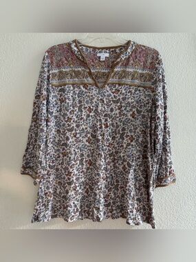 J Jill floral top Blouse popover 3/4 sleeve Notch  Boho Cottagecore Peasant M